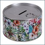 Flower painted tin shaped coin bank 